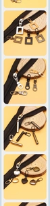 Macro view of assorted metal zipper pulls in gold, silver, and black on a wooden tray