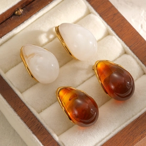 Waterdrop Stud Earrings For Women Stainless Steel Earring Post Irregular Resin Amber Creamy White Elegant Vintage Maillard Style