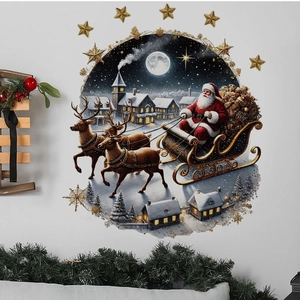 Detail of Christmas wall sticker with Santa, reindeer and snow village in a cozy room