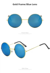 Detail view of retro round sunglasses with gold metal frames and blue mirrored lenses