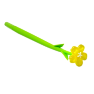 Detail of yellow flower top and green leaf silicone barrel on this creative gel pen