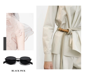 Fashion collage showing black hexagonal retro metal sunglasses with beige outfit details