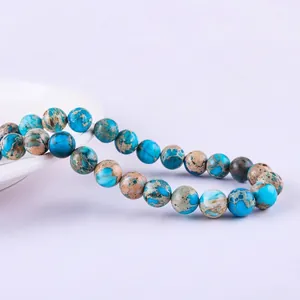 Imperial stone round bead bracelet with sky blue and brown marble textures for DIY jewelry