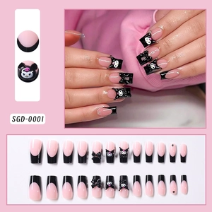 Detail of pink press-on nails with Kuromi 3D bows and black French tips 24pcs set
