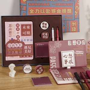 Detailed macro view of retro oil painting style stationery gift set with pens and tapes