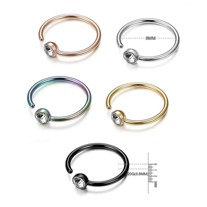 Five C-shaped stainless steel nose rings with sparkling zircons in various colors, 20G 8mm