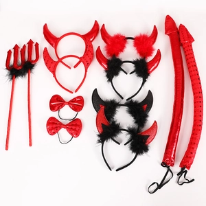 Red devil horn headband costume set with sequin bow tie and trident for Halloween