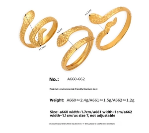 Detailed view of three gold-plated snake rings with intricate scale textures on titanium steel