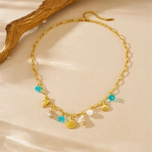 Gold stainless steel shell and pearl charm necklace with blue beads in beach style