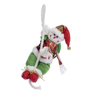 Hanging Christmas snowman figurine on climbing rope with golden bells for holiday decor