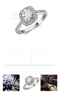 Macro detail of white gold plated ring showing the square halo setting and adjustable band