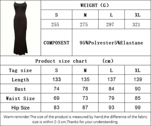 Detailed size chart for slimming slip maxi dress featuring weight and fabric composition
