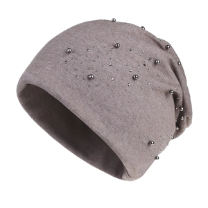 Women Knit Beanie Hat With Silver Beads Rhinestones Warm Thermal Slouched Soft Polyester Winter Cap Outdoor