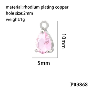 Detail showing pink teardrop zircon charm with rhodium plating for DIY jewelry making
