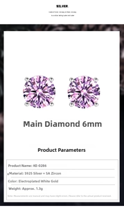 Detail showing 6mm pink cubic zirconia in 4-prong setting on S925 silver stud earrings