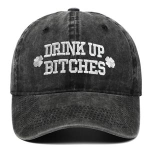 Vintage washed charcoal baseball cap with white Drink Up Bitches embroidery and shamrocks