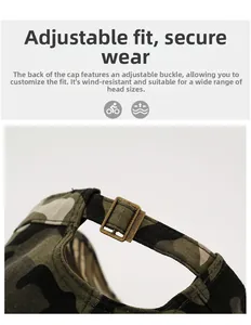 Close-up of adjustable bronze metal buckle on camouflage tactical cap for custom fit