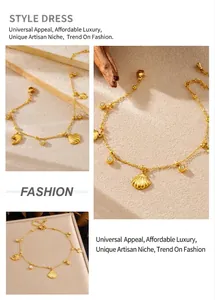 Detailed view of gold stainless steel anklet with dolphin, turtle, and seashell charms