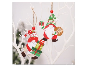 Detail of wooden Christmas gnome hanging ornaments with ropes and red beads
