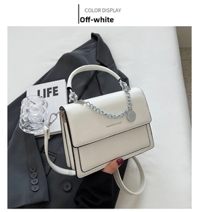 Close-up of beige crossbody square bag featuring silver chain and round logo pendant