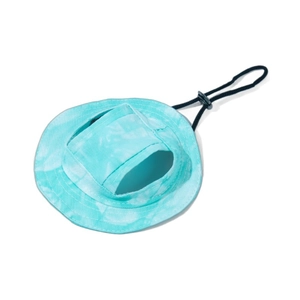Blue and white tie-dye pet sun hat with ear holes and adjustable drawstring for dogs