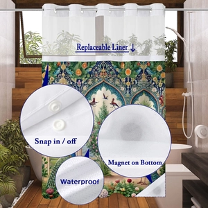 Waterproof shower curtain with replaceable liner and floral bird print detailing