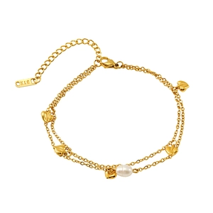 Double-layered 18K gold plated heart anklet with white pearl and lobster clasp
