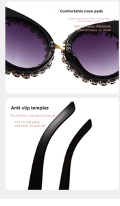 Detailed view of comfortable nose pads and non-slip temples on rhinestone sunglasses