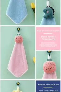 Detail showing hanging coral fleece towels with cute strawberry and dinosaur designs
