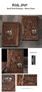 Close-up of 3D embossed copper knight on retro hardcover PU leather notebook