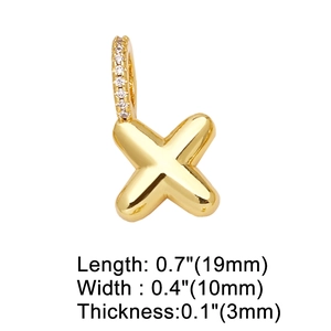 Detailed size specifications for a gold-plated heart letter X pendant with tiny crystals
