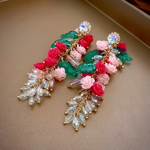 Floral crystal tassel drop earrings with red acrylic roses and rhinestones for women