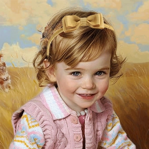 Detailed close-up of a golden bow headband for girls worn by a child in an outdoor setting