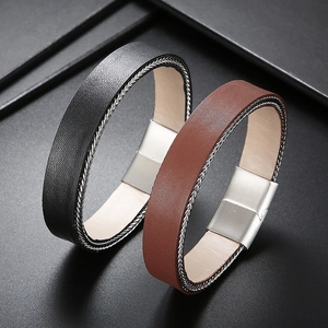 Men Braided Leather Bracelet Stainless Steel Chain Multi Layer Beaded Magnetic Clasp Punk Streetwear Jewelry
