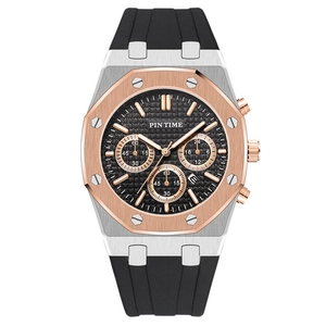 Men's silver chronograph watch with rose gold octagonal bezel and black rubber strap