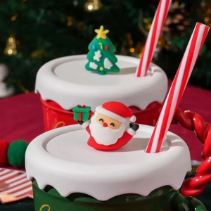 Christmas ceramic mugs with snowy silicone lids and Santa tree straw toppers