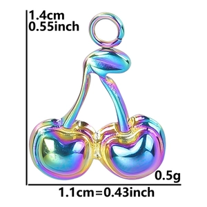 Rainbow cherry pendant detail with measurements 1.4cm by 1.1cm in iridescent plating
