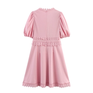 Pink V-neck mini dress featuring puff sleeves and lace trim detail from back view