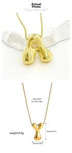 Detail of 18K gold-plated bubble letter necklace showing chain length and pendant size