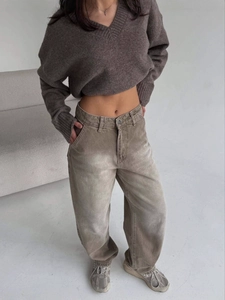 Pull en maille col V pour femme et pantalon en velours côtelé large ensemble d'automne