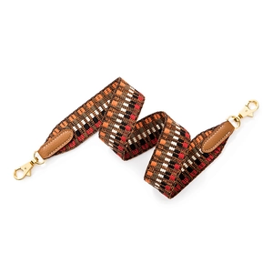 Adjustable woven shoulder strap with retro geometric patterns and gold metal clasps