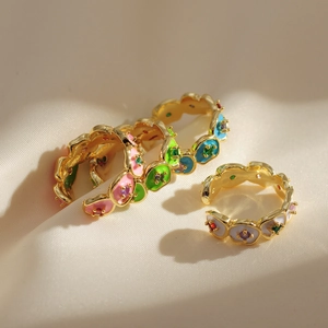 Korean Style INS Fashion Colorful Enamel Flower Open Ring Copper Gold Plated Adjustable Rhinestone Inlaid Ring For Women