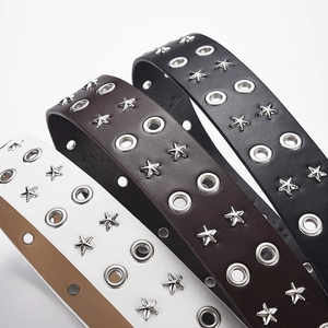 Punk style PU leather belts with star studs and double eyelets in black, brown and white