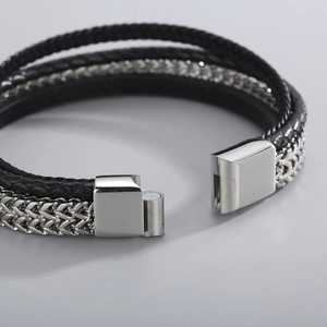 Men's multi-layer braided leather and stainless steel chain bracelet with magnetic clasp