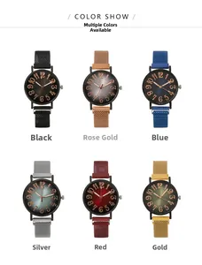 Détail de montres quartz élégantes en six couleurs avec bracelets en maille et cadran