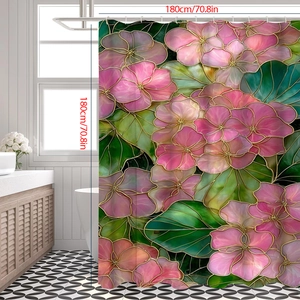 Pink floral shower curtain with stained glass texture and 180cm square dimensions