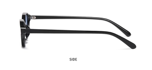 Side view of trendy oval sunglasses featuring a black frame and light blue lenses