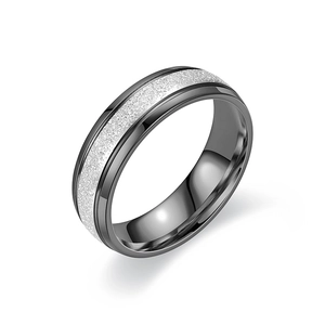 Modern black titanium steel ring with silver frosted center and polished edges for couples