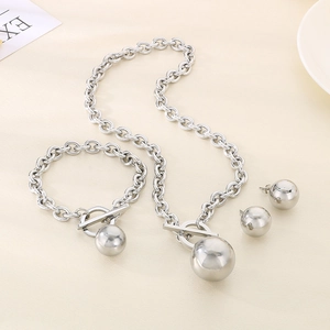 Silver titanium steel jewelry set with bold spherical pendants and O-link OT clasp chain