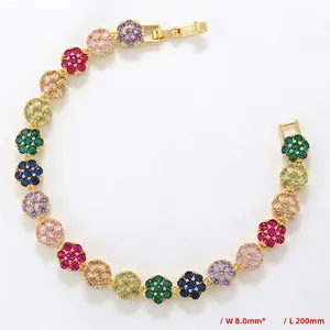 Detail view of flower tennis bracelet with colorful crystals and fold-over clasp